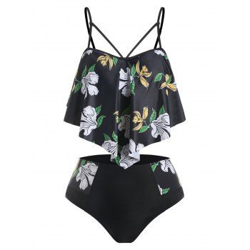 

Plus Size Floral Print Cutout Tankini Swimwear, Black