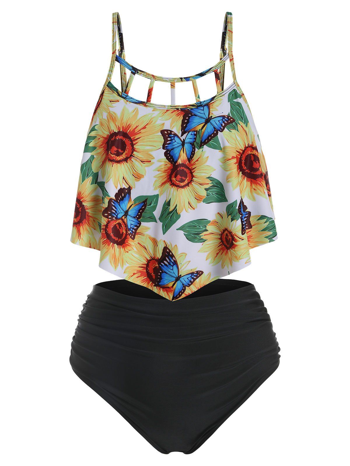 Sunflower Tummy Control Swimsuit Butterfly Tankini Flounce Swimwear Set - multicolor S
