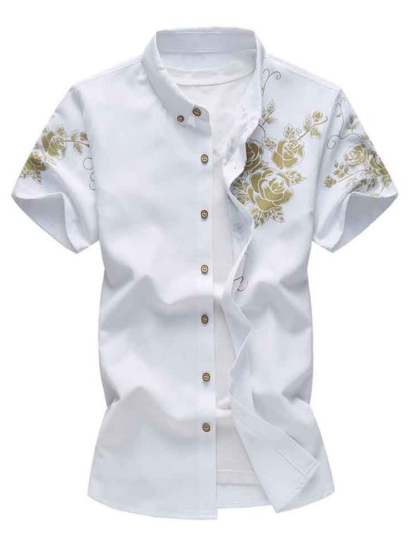 Chemise Boutonnée Fleur Imprimée à Manches Courtes - Blanc XL
