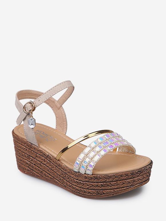 Sandales à Bretelle avec Strass à Talon Compensé - Beige EU 39