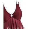 Plus Size O Rings Printed Empire Waist Tankini Swimwear - RED WINE L