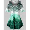 T-shirt Teinté Tribal Imprimé Epaule Dénudée Grande Taille - Turquoise Moyenne 2X