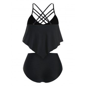 

Crisscross Sun Iceberg Print Ruffled Tankini Swimwear, Black