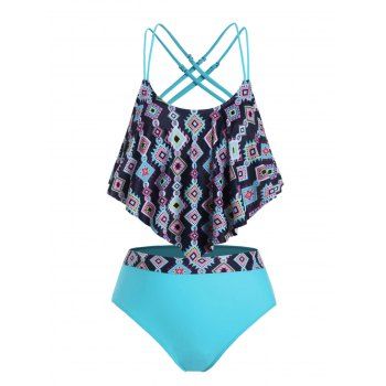 

Plus Size Geometry Ruffled Overlay Tankini Swimwear, Dodger blue