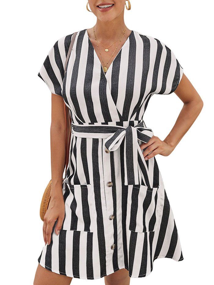 Stripe Mini A Line Dress - BLACK L