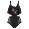 Floral Embroidered Criss Cross High Waisted Plus Size Tankini Swimsuit - BLACK 5X