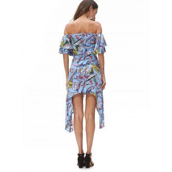 Asymmetric Flutter Sleeve Leaves Print Dress