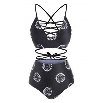 

Criss Cross Lace Up Sun Star And Moon Plus Size Bikini Swimwear, Black