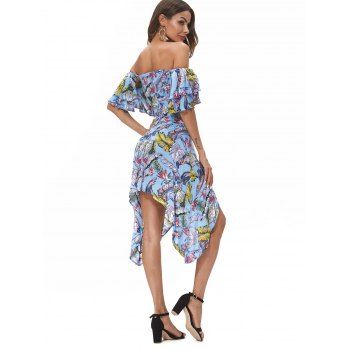 

Asymmetric Flutter Sleeve Leaves Print Dress, Sky blue