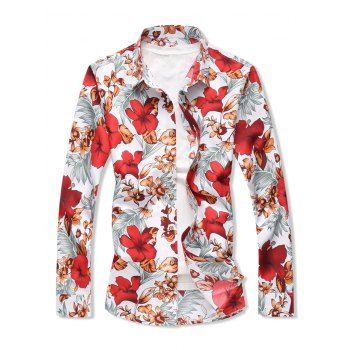 

Long Sleeve Allover Flower Print Shirt, Red