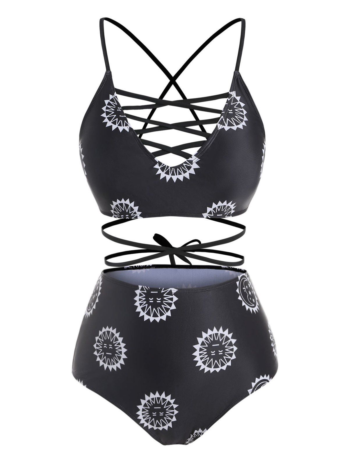 

Criss Cross Lace Up Sun Star And Moon Plus Size Bikini Swimwear, Black