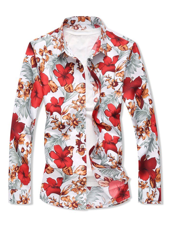 Chemise à Imprimé Fleur Partout à Manches Longues - Rouge XL