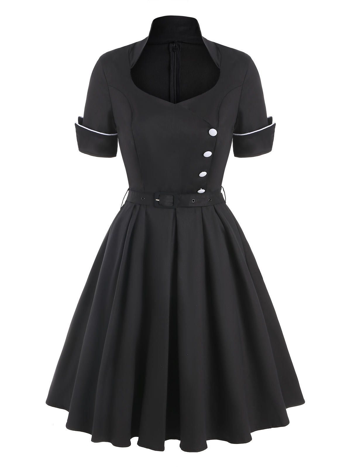 Vintage Contrast Buttons Pin Up Dress - BLACK XL