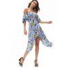 Asymmetric Flutter Sleeve Leaves Print Dress - SKY BLUE 2XL