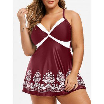 

Plus Size Ditsy Print Spaghetti Strap Tankini Set, Red wine