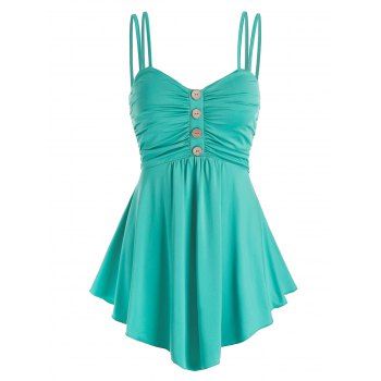 

Mock Button Ruched Strappy Tank Top, Sea green
