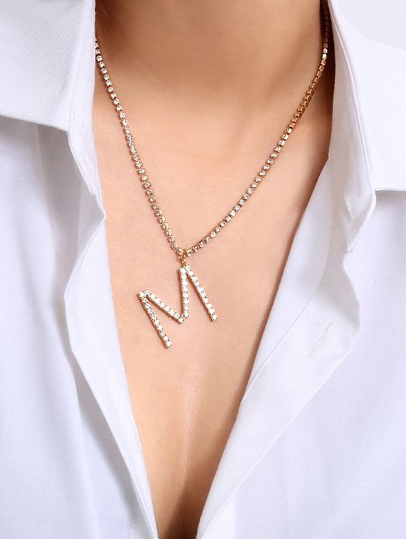 Collier Pendant Lettre M avec Strass - Or 