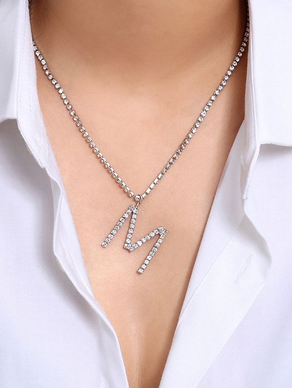 Collier Pendant Lettre M avec Strass - Argent 