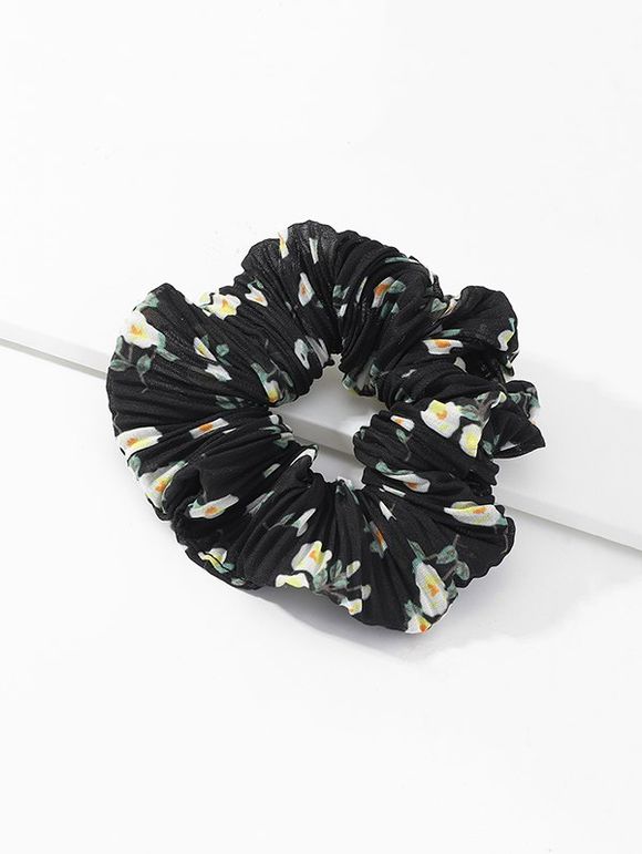 Chouchou Plissé Fleur Imprimée en Tissu - Noir 