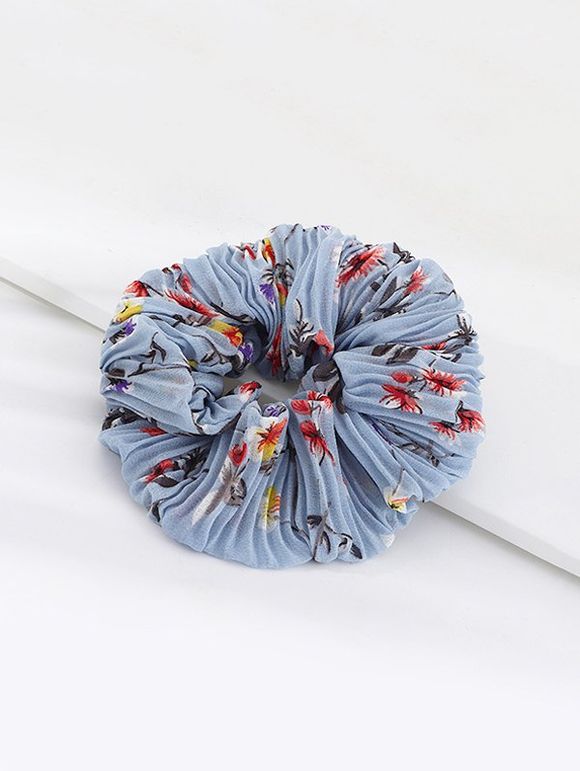 Chouchou Plissé Fleur Imprimée en Tissu - Bleu de Mer 