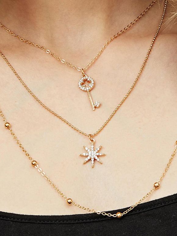 Collier Pendant Superposé Etoile et Clé avec Strass - Or 