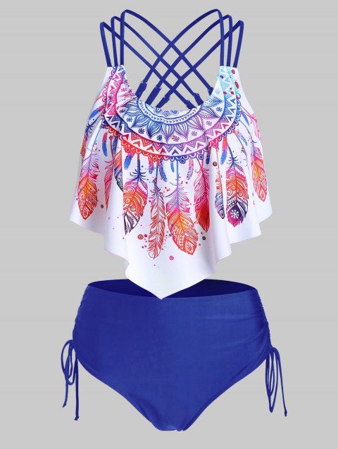 Feather Print Strappy Cinched Tankini Swimwear