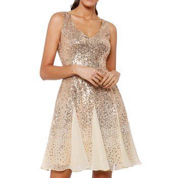 Mesh Sparkly Sequined Party Dress, Champagne gold