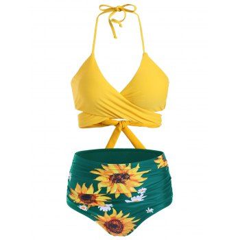Women Tummy Control Swimsuit Wrap Bathing Suit Sunflower Print Full Coverage Halter Bikini Swimwear Swimsuit S Sea turtle green