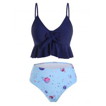 

Peplum Hem Tie Front Planet Star Tankini Swimwear, Midnight blue