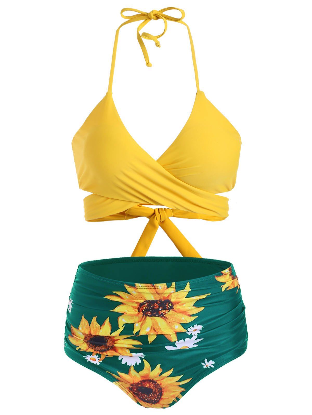 Tummy Control Swimsuit Wrap Bathing Suit Sunflower Print Full Coverage Halter Bikini Swimwear - SEA TURTLE GREEN M