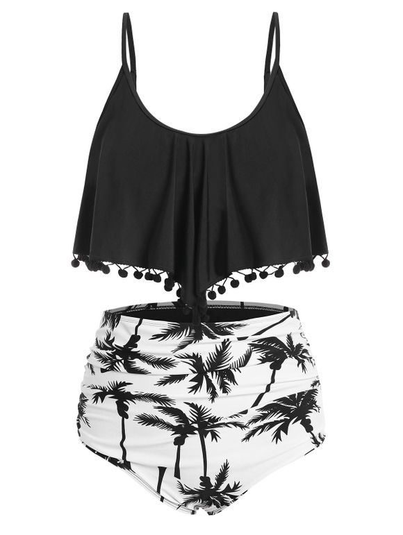 Pompom Palm Tree Print Tankini Swimwear - BLACK 2XL