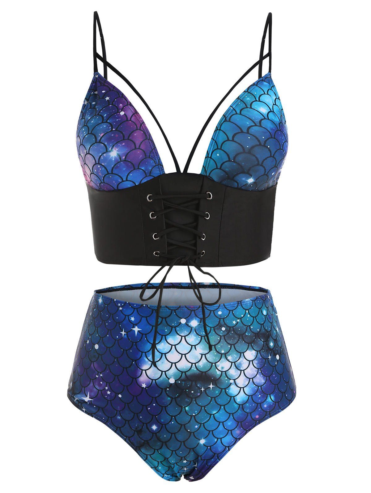 High Waisted Galaxy Mermaid Lace Up Tankini Swimwear - BLACK L