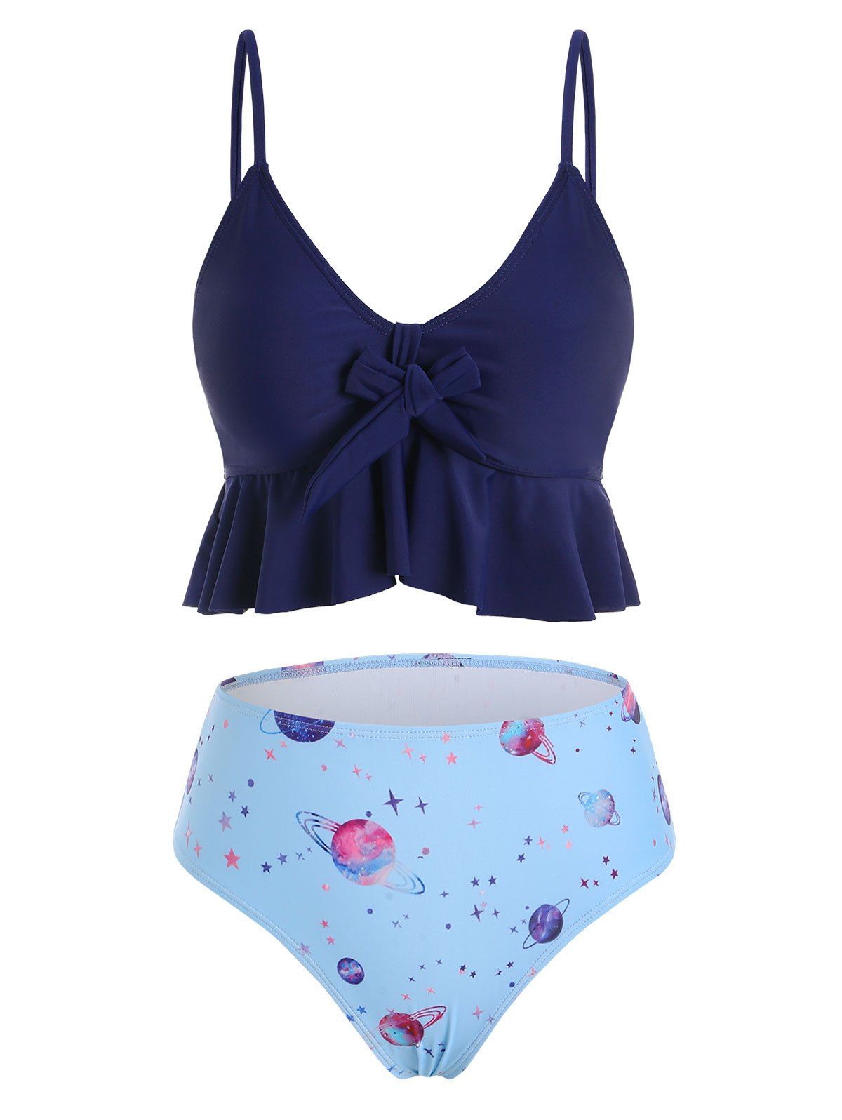 Peplum Hem Tie Front Planet Star Tankini Swimwear - MIDNIGHT BLUE S