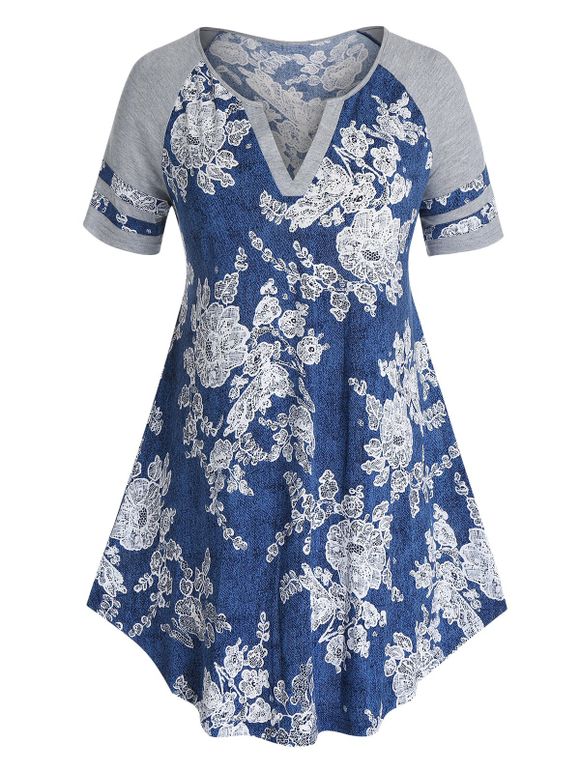 Plus Size Raglan Sleeve Floral Print T Shirt - DARK SLATE BLUE 4X