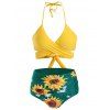 Tummy Control Swimsuit Wrap Bathing Suit Sunflower Print Full Coverage Halter Bikini Swimwear - SUN YELLOW XL