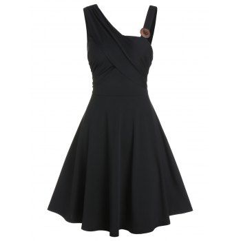 

Mock Button Sleeveless Mini A Line Dress, Black