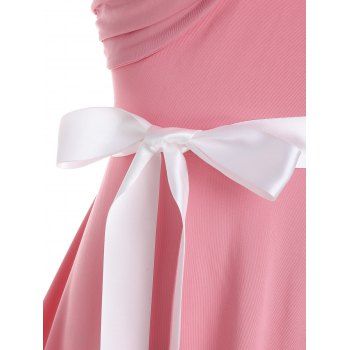 Bow Ruched High Low Belted Vintage Dress