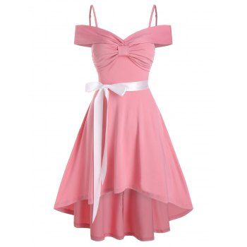 

Bow Ruched High Low Belted Vintage Dress, Pink