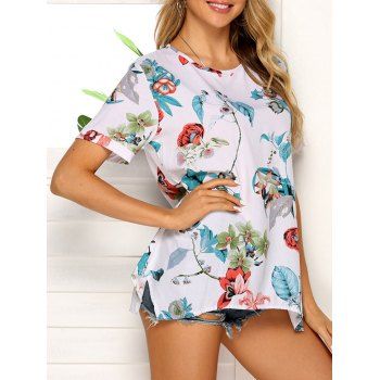 

Asymmetric Floral Print T Shirt, White