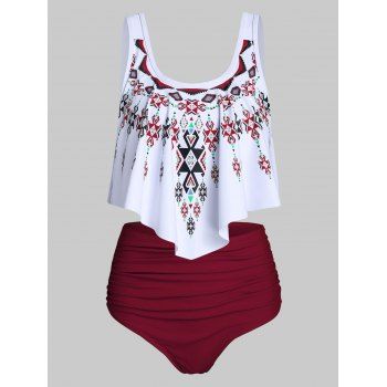 

Ethnic Geometric Print High Waisted Asymmetrical Tankini Swimwear, Red wine