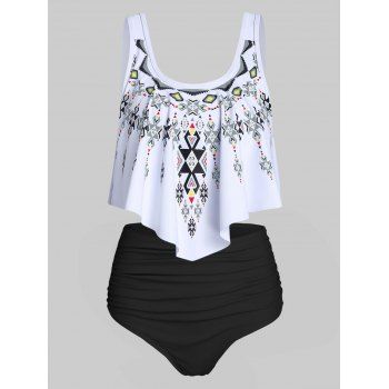 

Ethnic Geometric Print High Waisted Asymmetrical Tankini Swimwear, Black