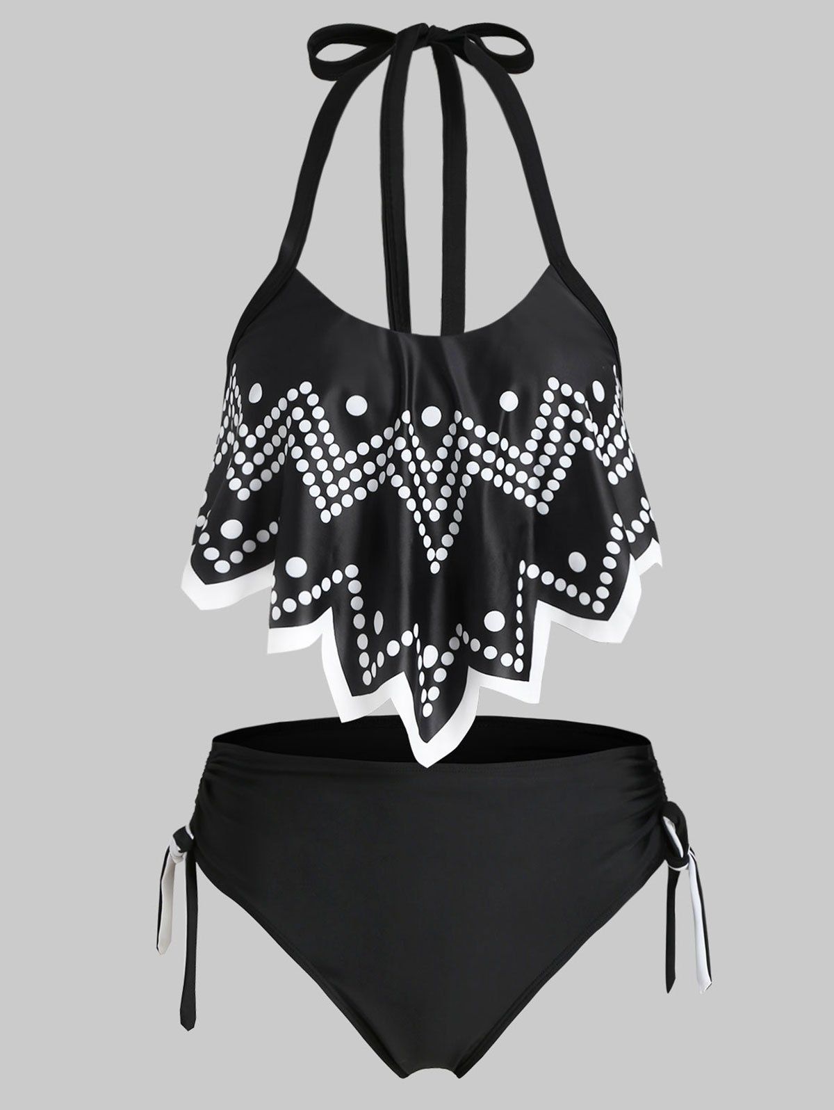 Polka Dot Flounce Cinched High Waisted Bikini Swimsuit - BLACK 3XL