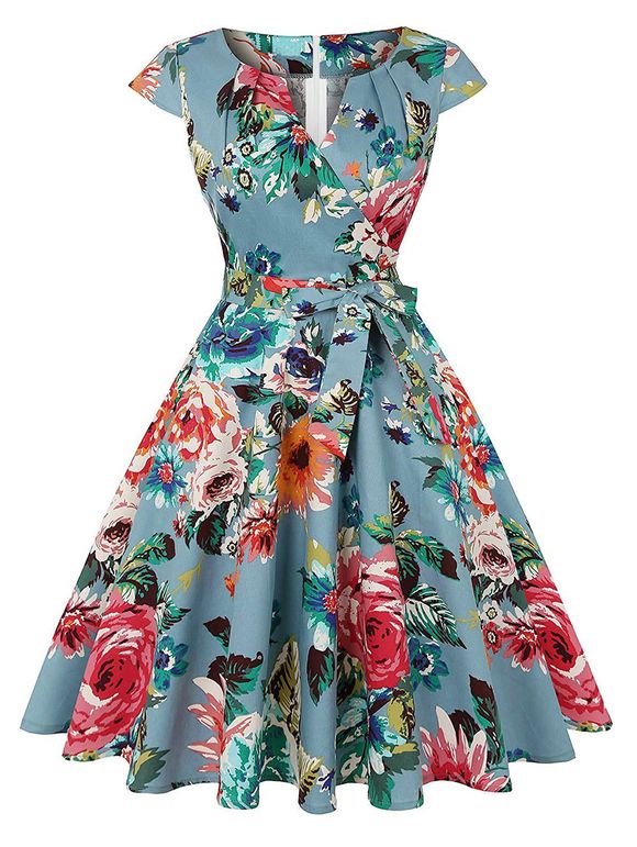 Flower Print Surplice Belted Vintage Dress - CYAN OPAQUE XL