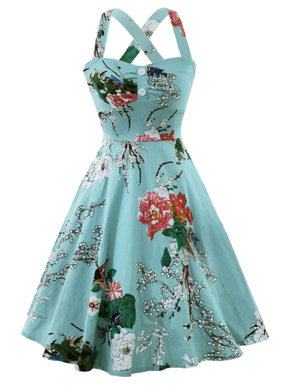 Cross Back Flower Print Vintage Dress - CYAN OPAQUE L