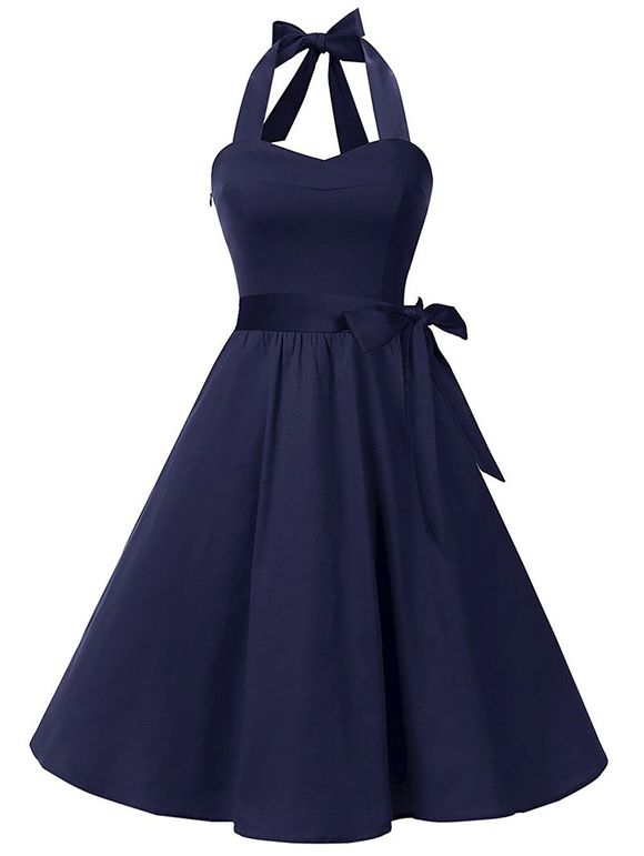 Lace Up Belted Vintage A Line Dress - DEEP BLUE M