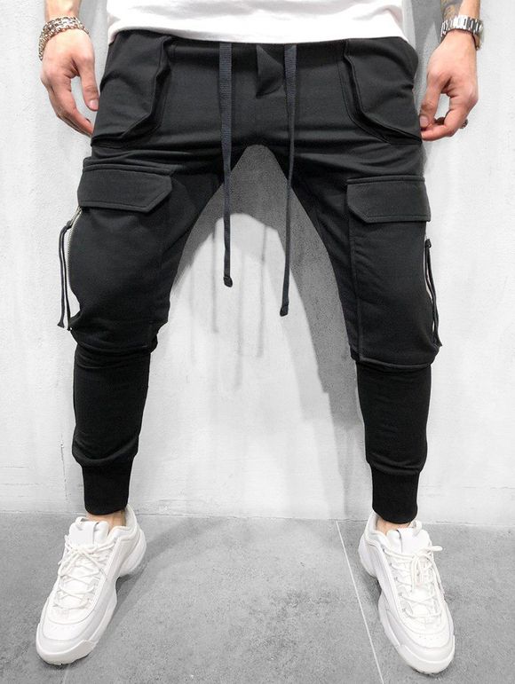 Pantalon de Sport en Couleur Unie avec Multi-Poches - Noir 3XL