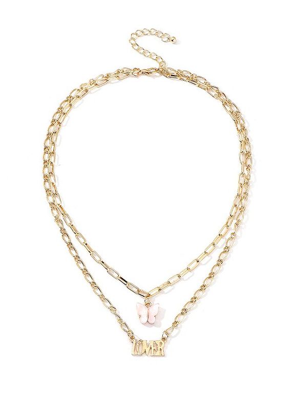 Collier Pendant Chaîne Lettre et Papillon à Double Couches - Rose 