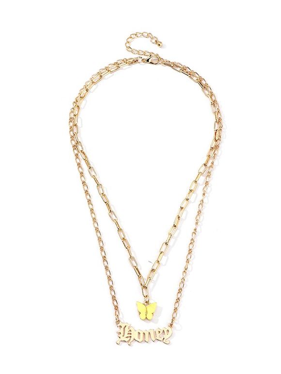 Collier Pendant Chaîne Lettre et Papillon à Double Couches - Jaune de Maïs 