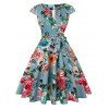 Flower Print Surplice Belted Vintage Dress - CYAN OPAQUE L