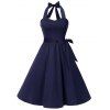 Lace Up Belted Vintage A Line Dress - DEEP BLUE M